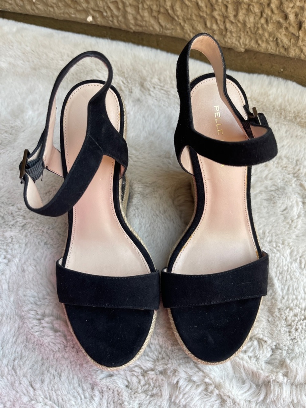Pelle Moda Black Suede Wedge Slingback Sandals with Ankle Strap Size 8